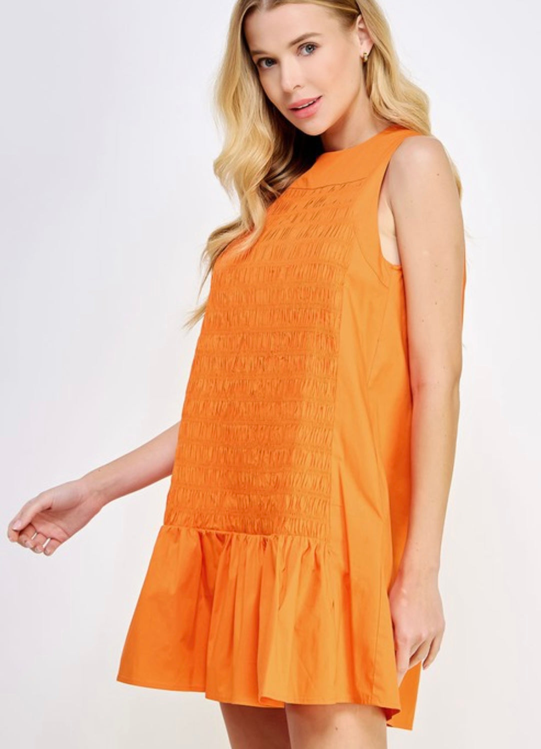 Smock Detail Orange Poplin Mini Dress