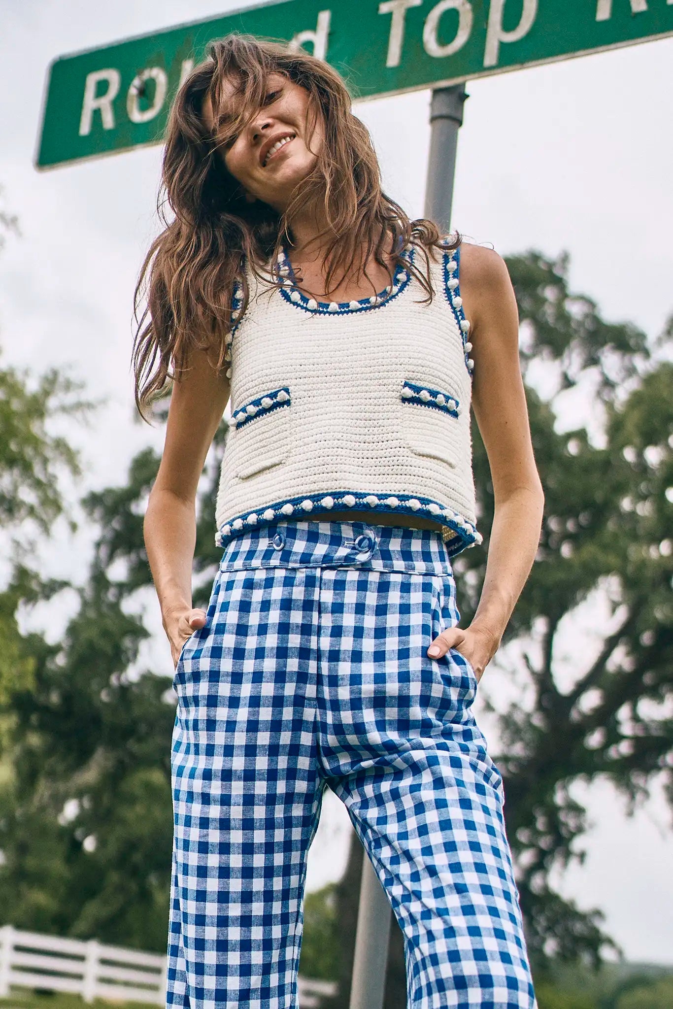 Clover Sweater Tank in White Blue
