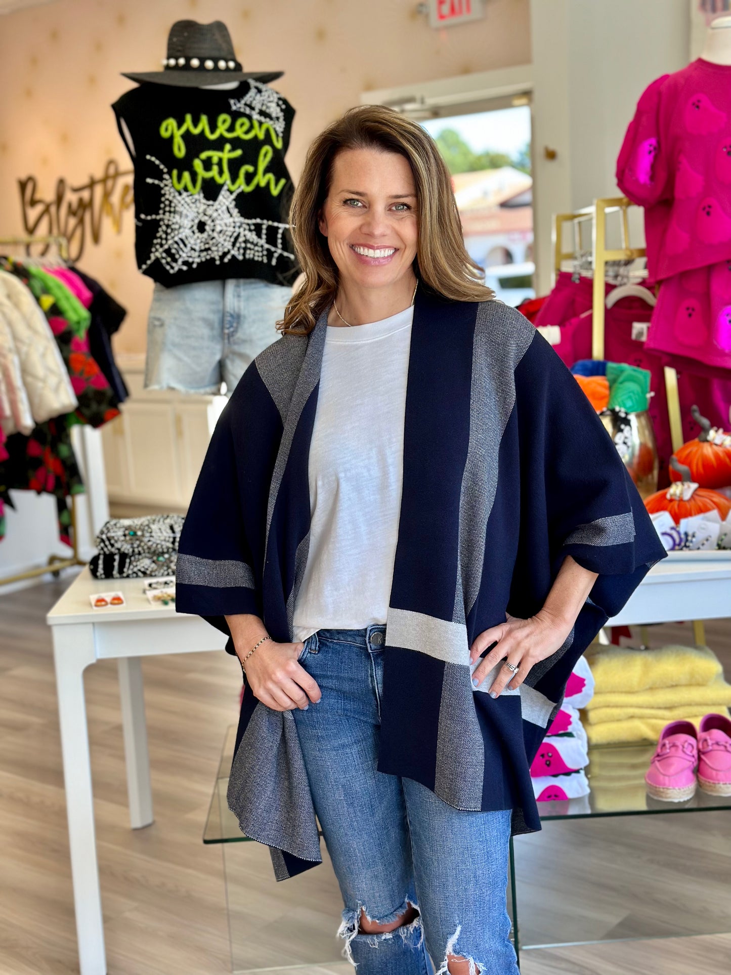 Navy Shrug in Plaid