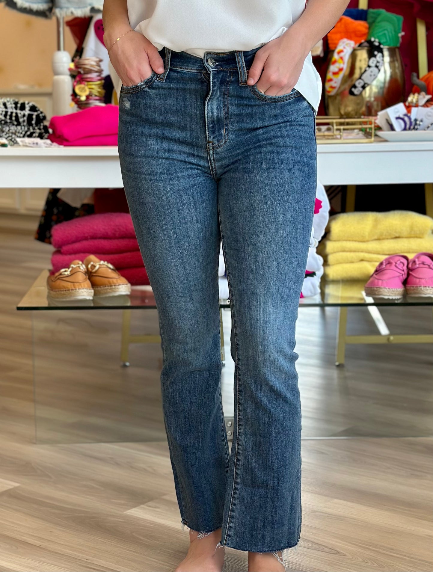 Shy Girl High Rise Crop Flare in Rumors