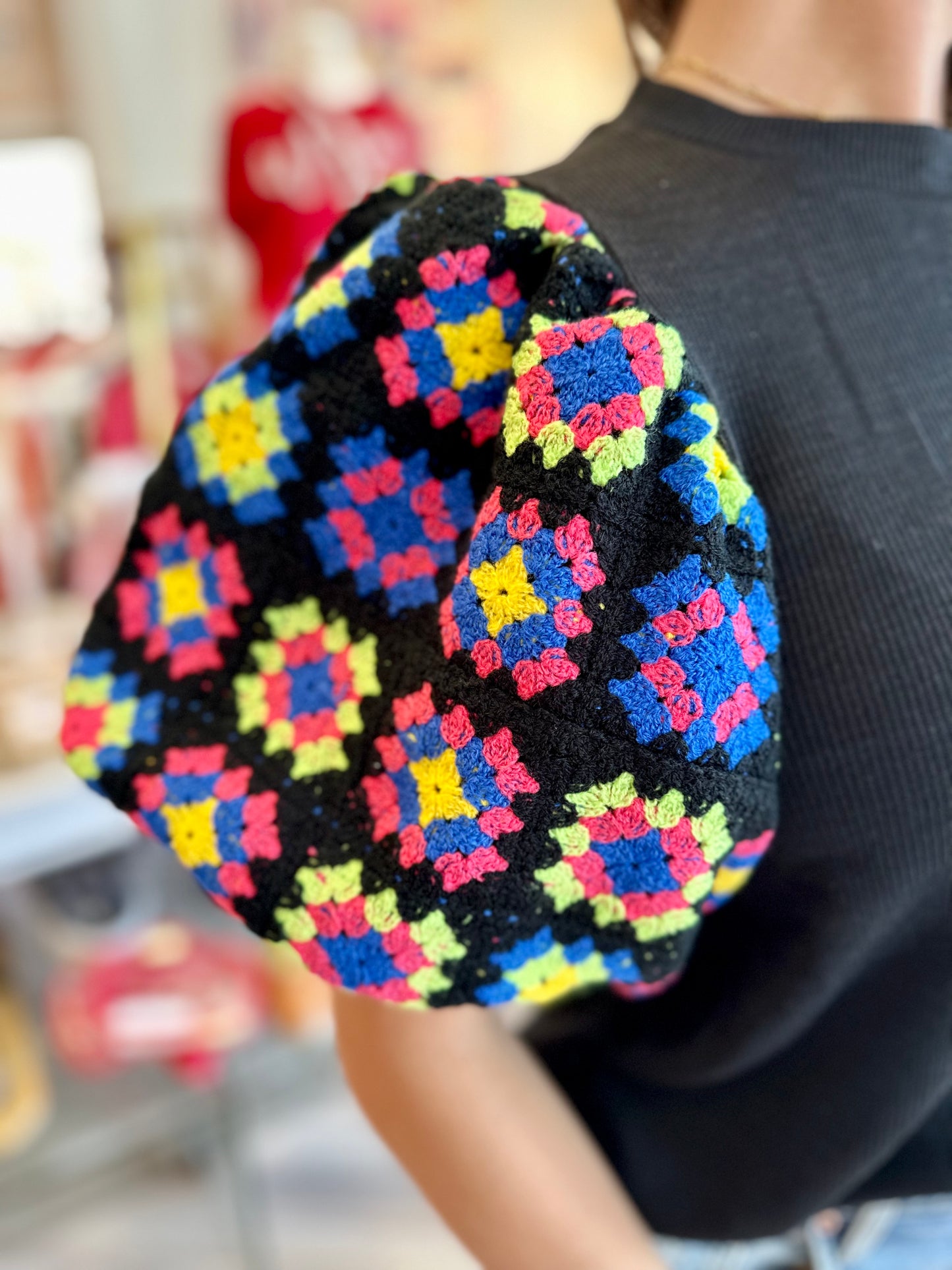 Crochet Short Puff Sleeve Top in Black