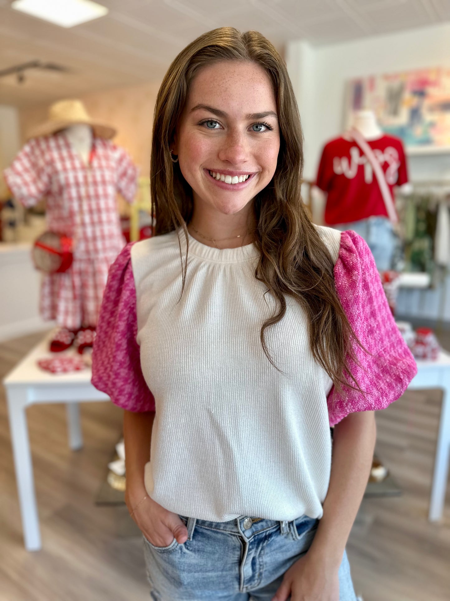 Tweed Puff Sleeve Knit Top
