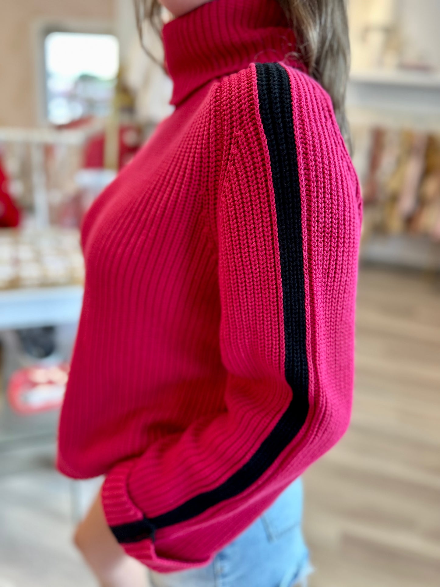 Chunky T-Neck Stripe Sweater in Red