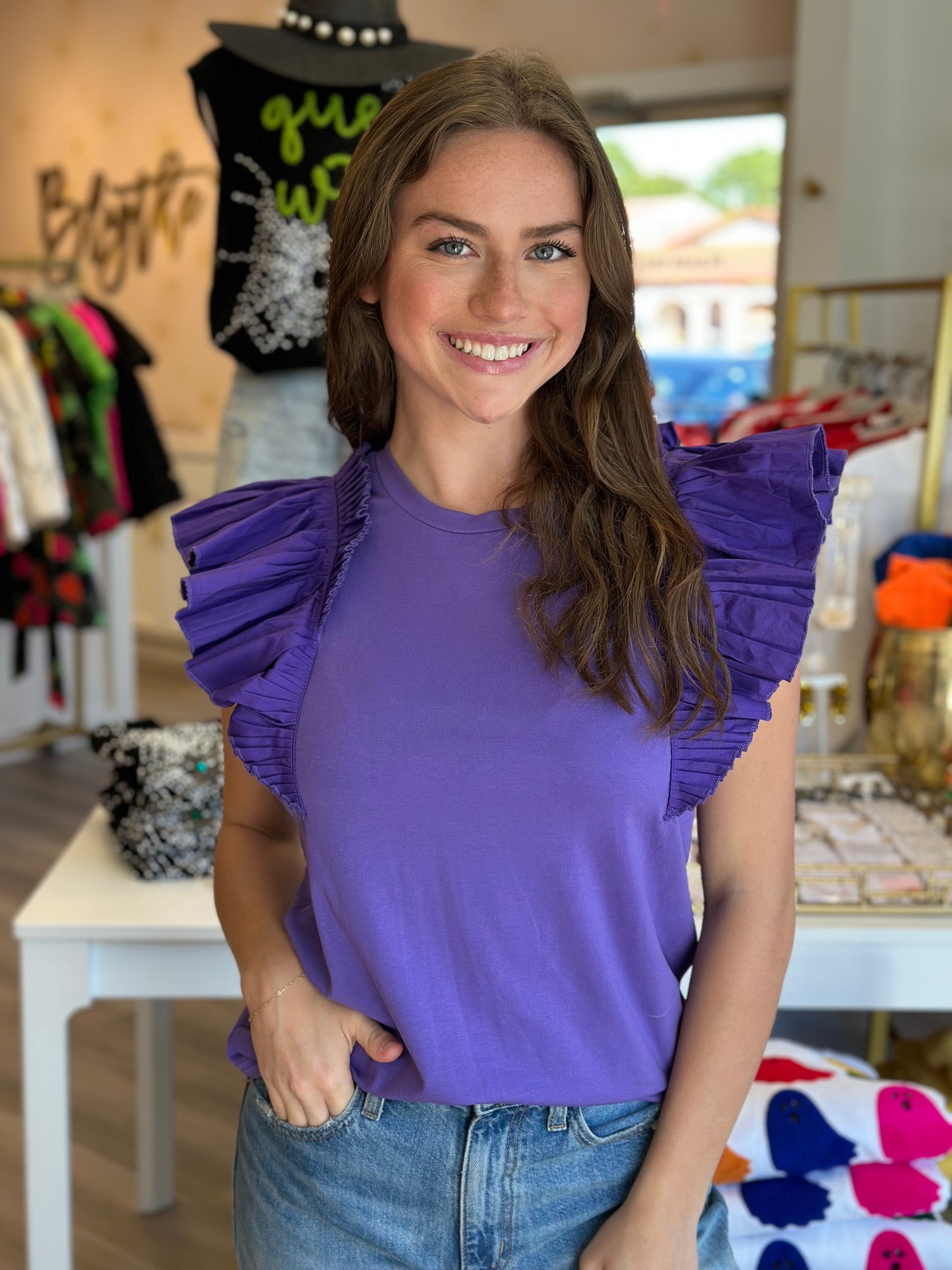Pleated Ruffle Top in Purple