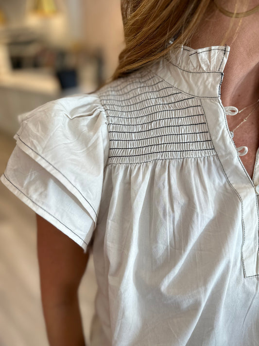 Smocked Top in Cream w/ Black Thread