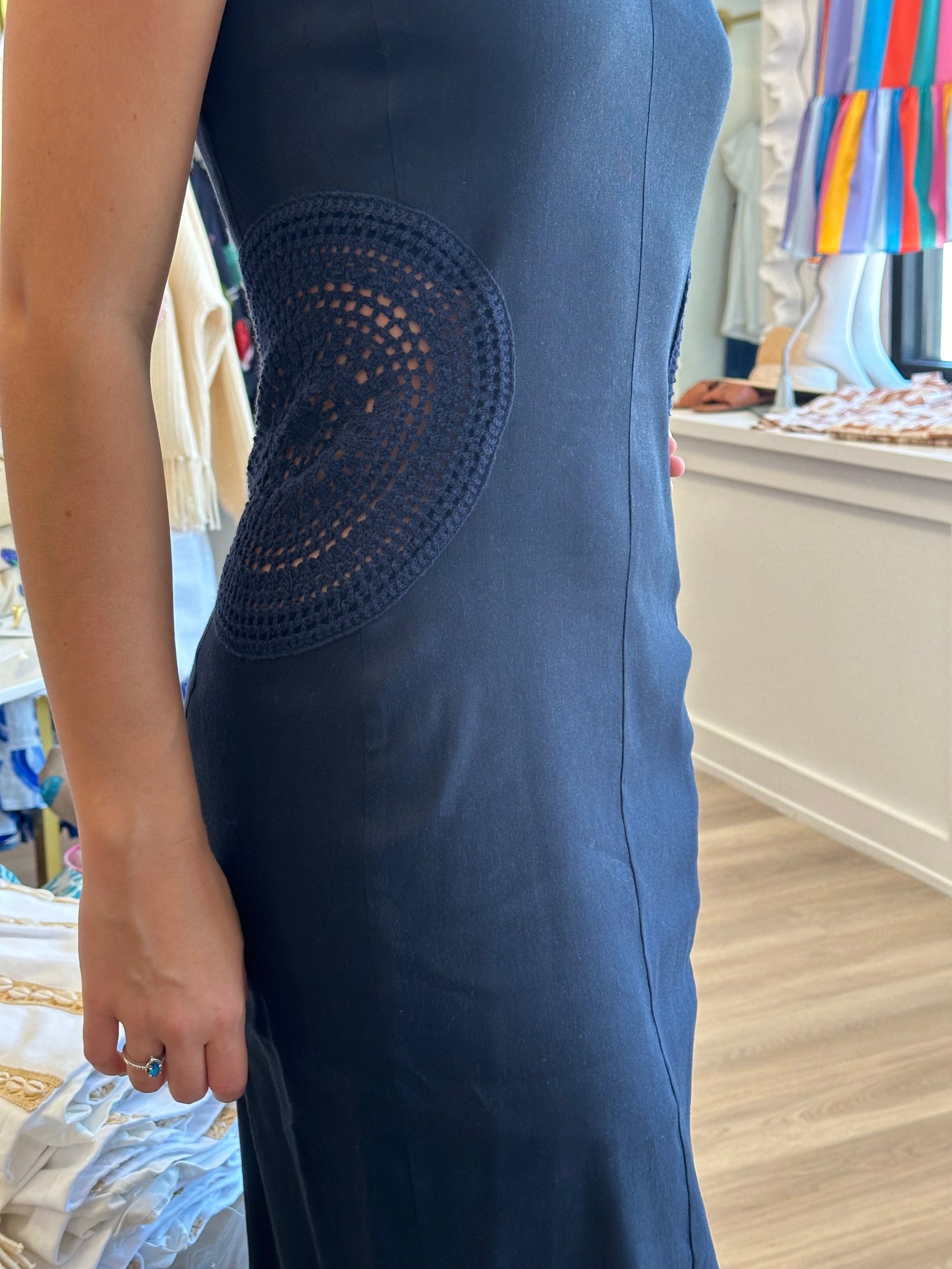 Final Sale Crochet Linen Dress in Navy