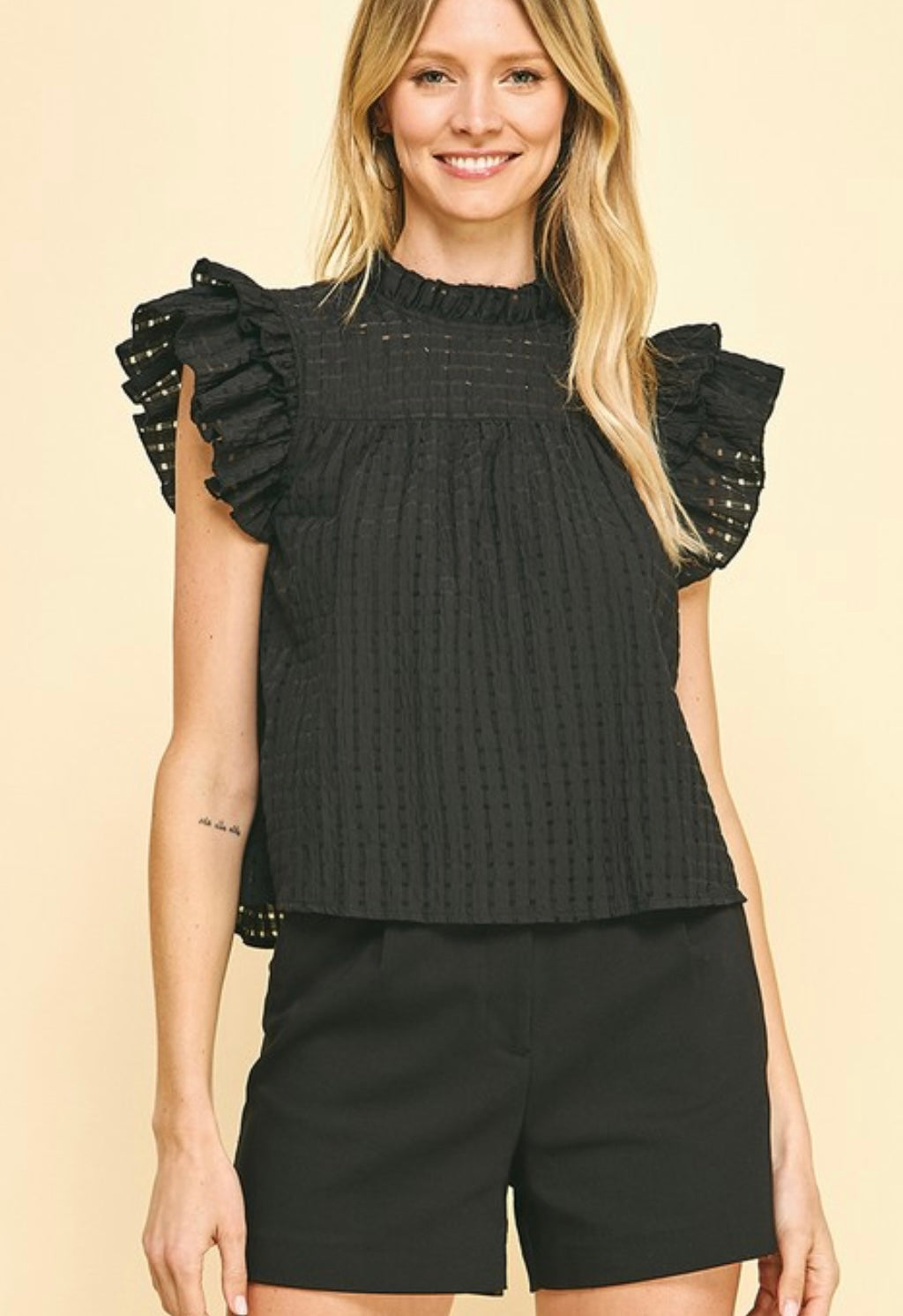 Dot Ruffle Sleeve Top in Black