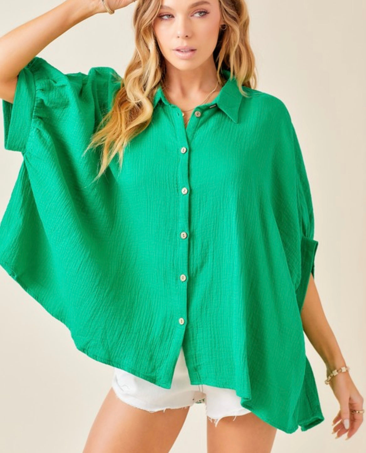 Gauze Oversized Button Down Shirt in Green