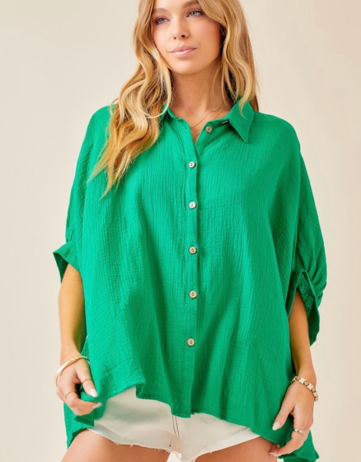 Gauze Oversized Button Down Shirt in Green