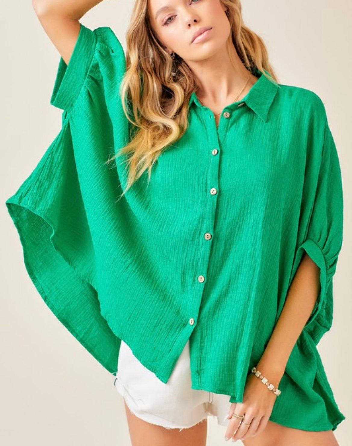 Gauze Oversized Button Down Shirt in Green
