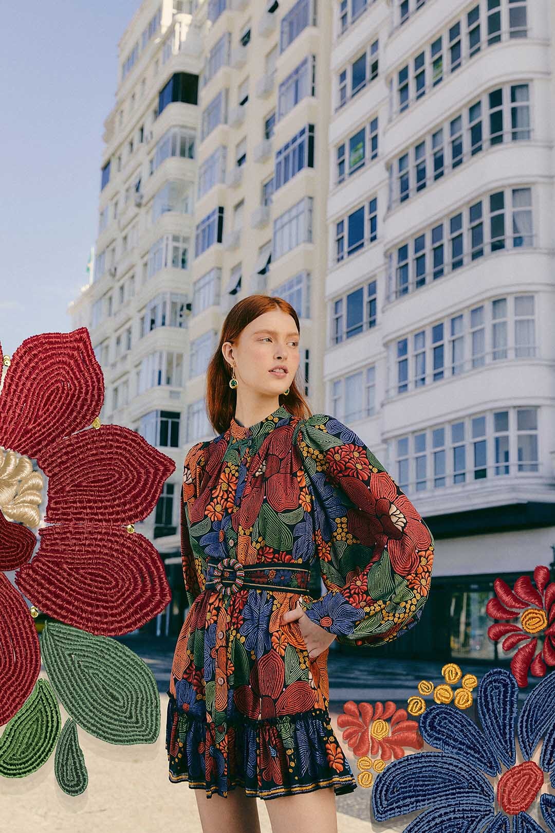 Stitched Flowers Long Sleeve Dress