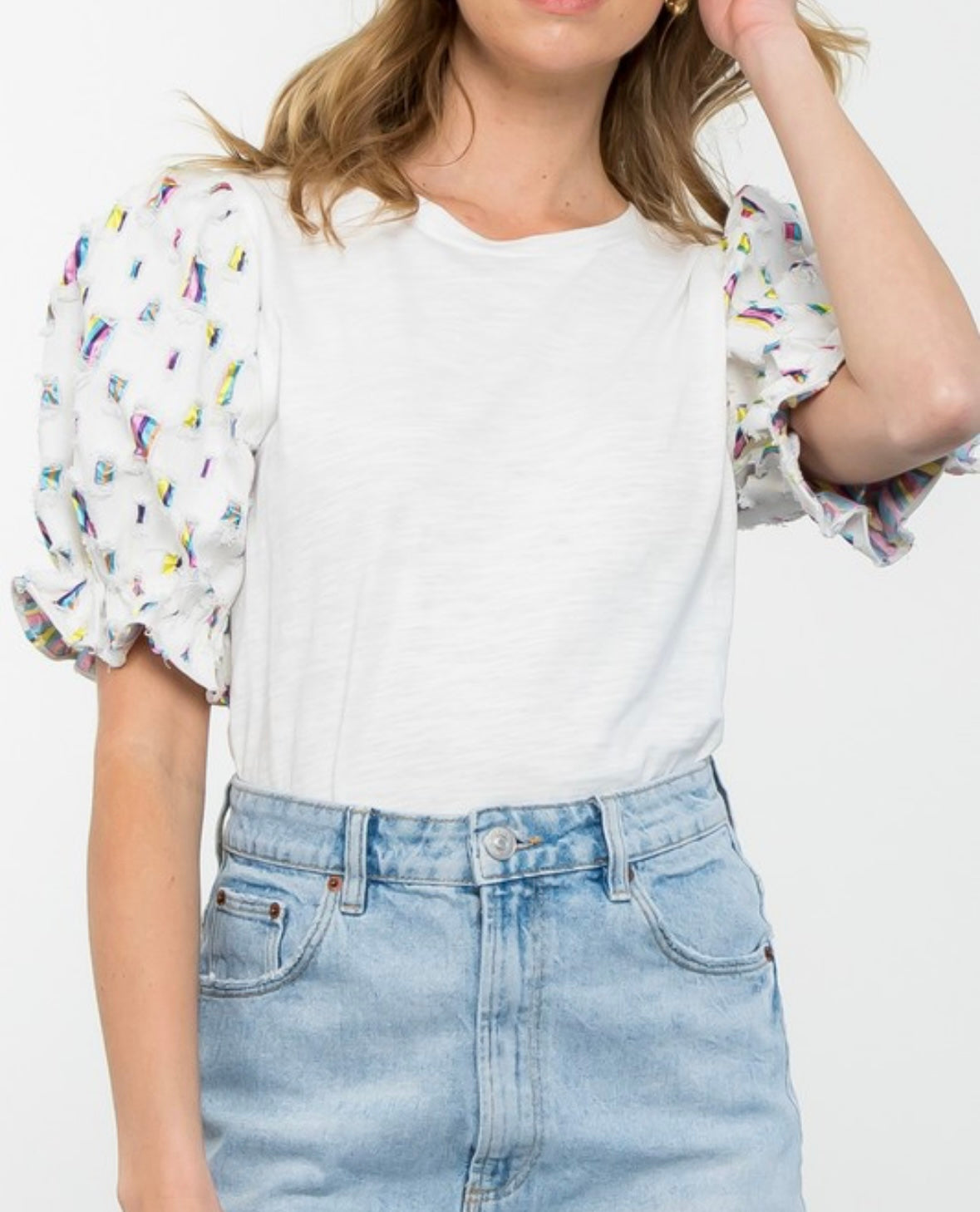 Short Sleeve Balloon Sleeve Knit Top in White