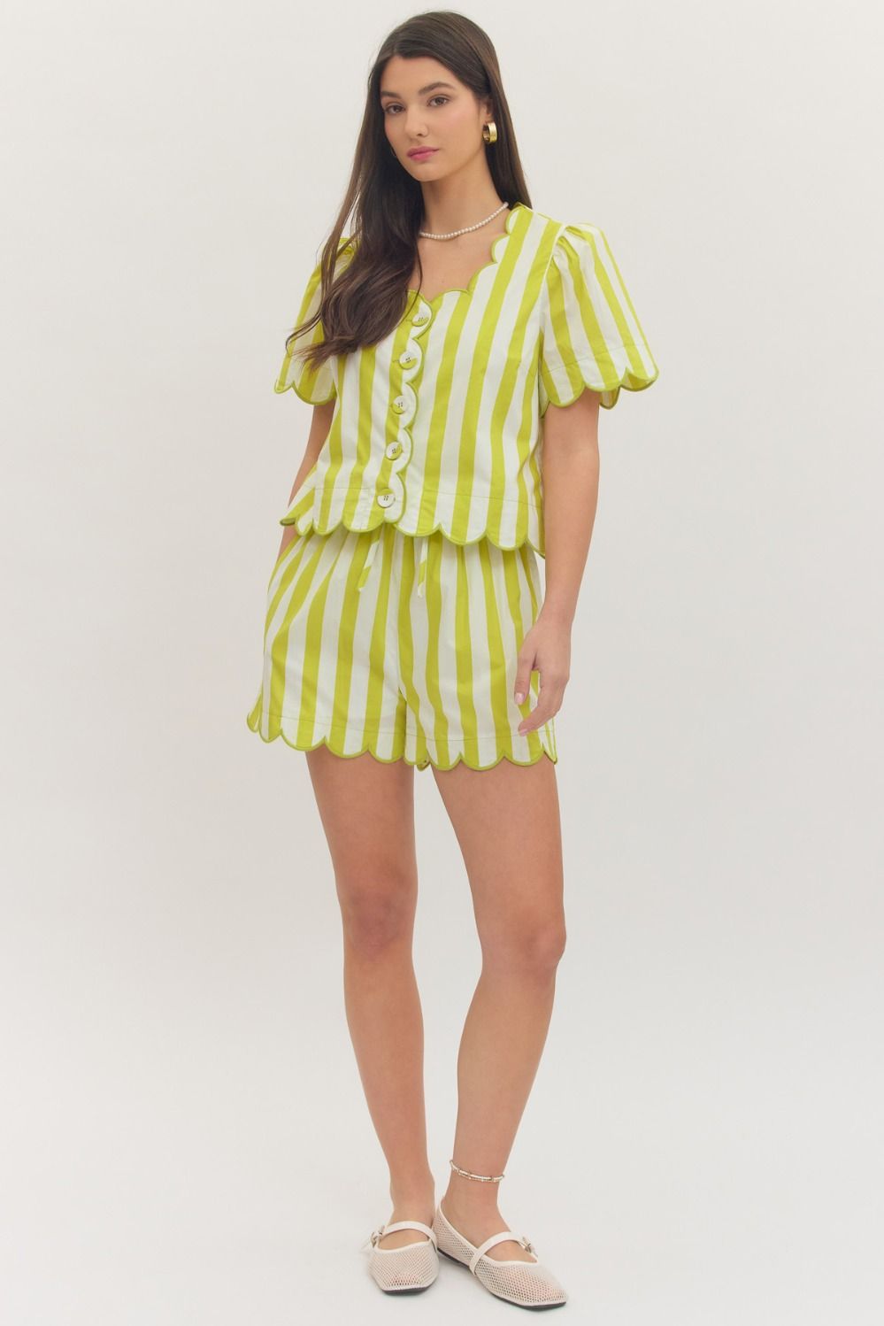 Kiwi Striped Scalloped Button up Top