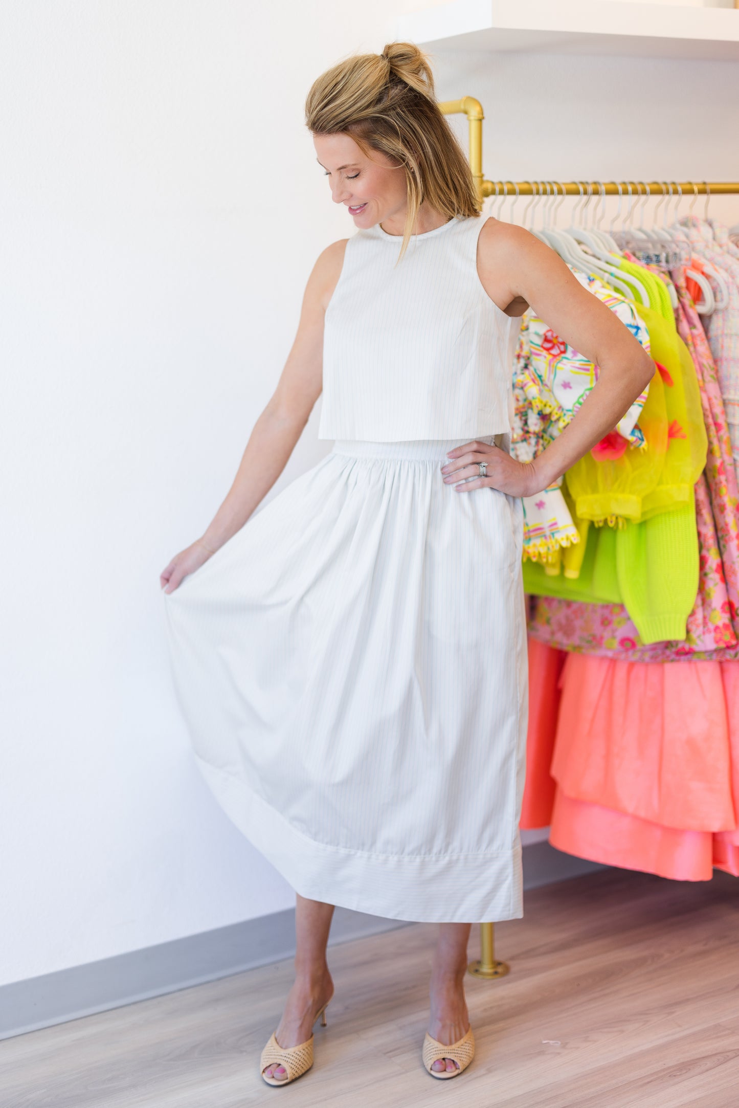 Pinstripe Poplin Maxi Skirt in Cream/Blue Stripe