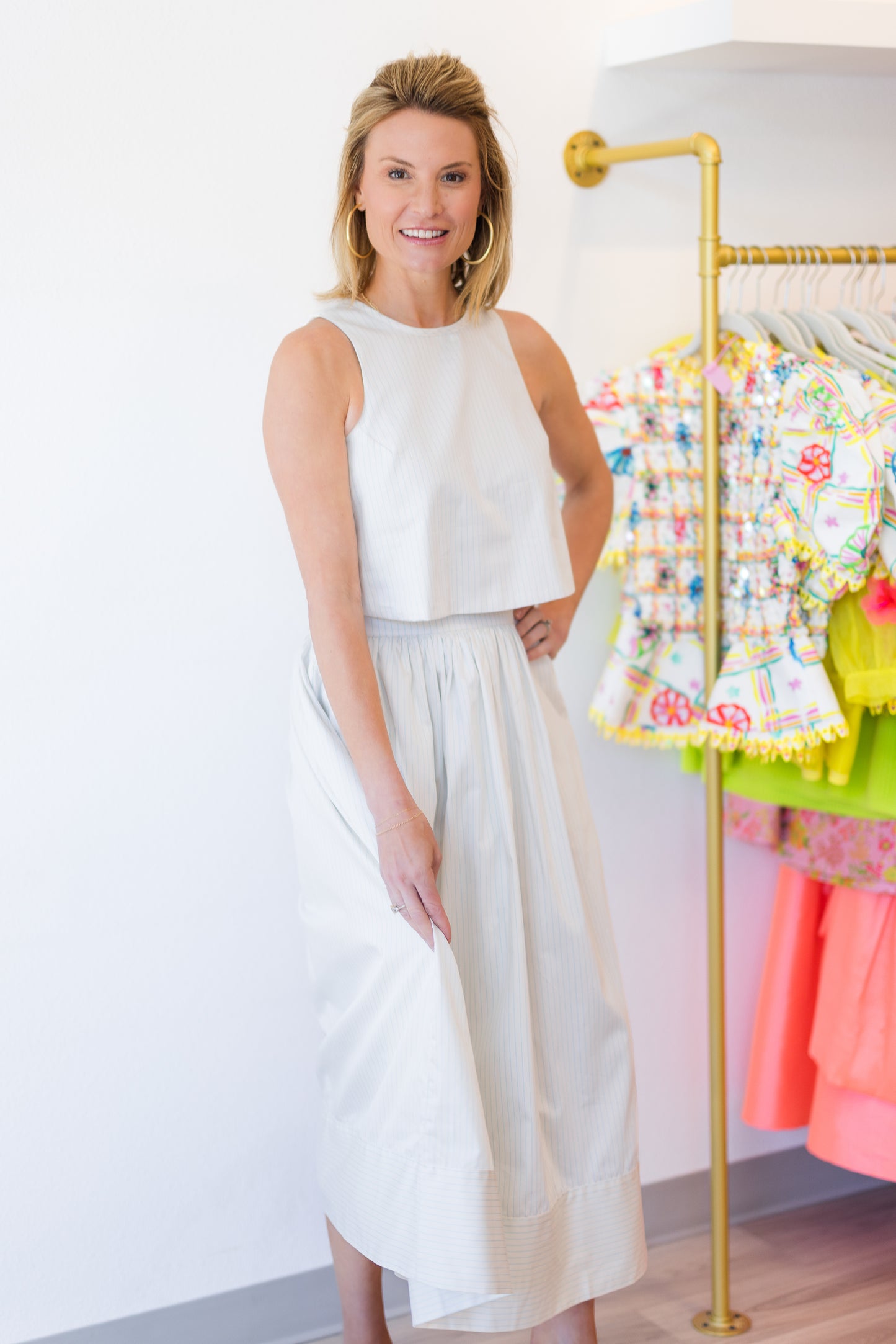 Pinstripe Poplin Maxi Skirt in Cream/Blue Stripe