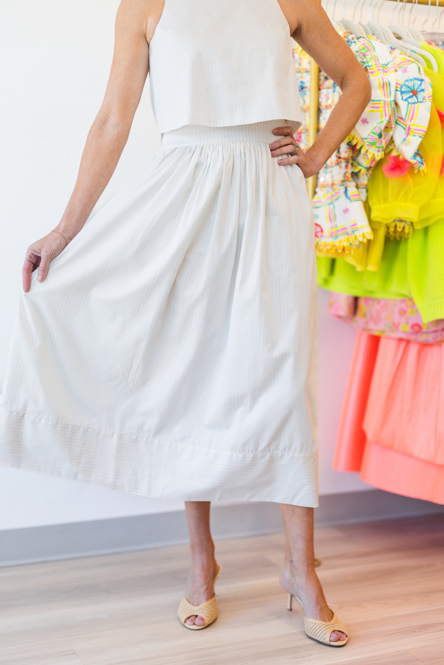 Pinstripe Poplin Maxi Skirt in Cream/Blue Stripe