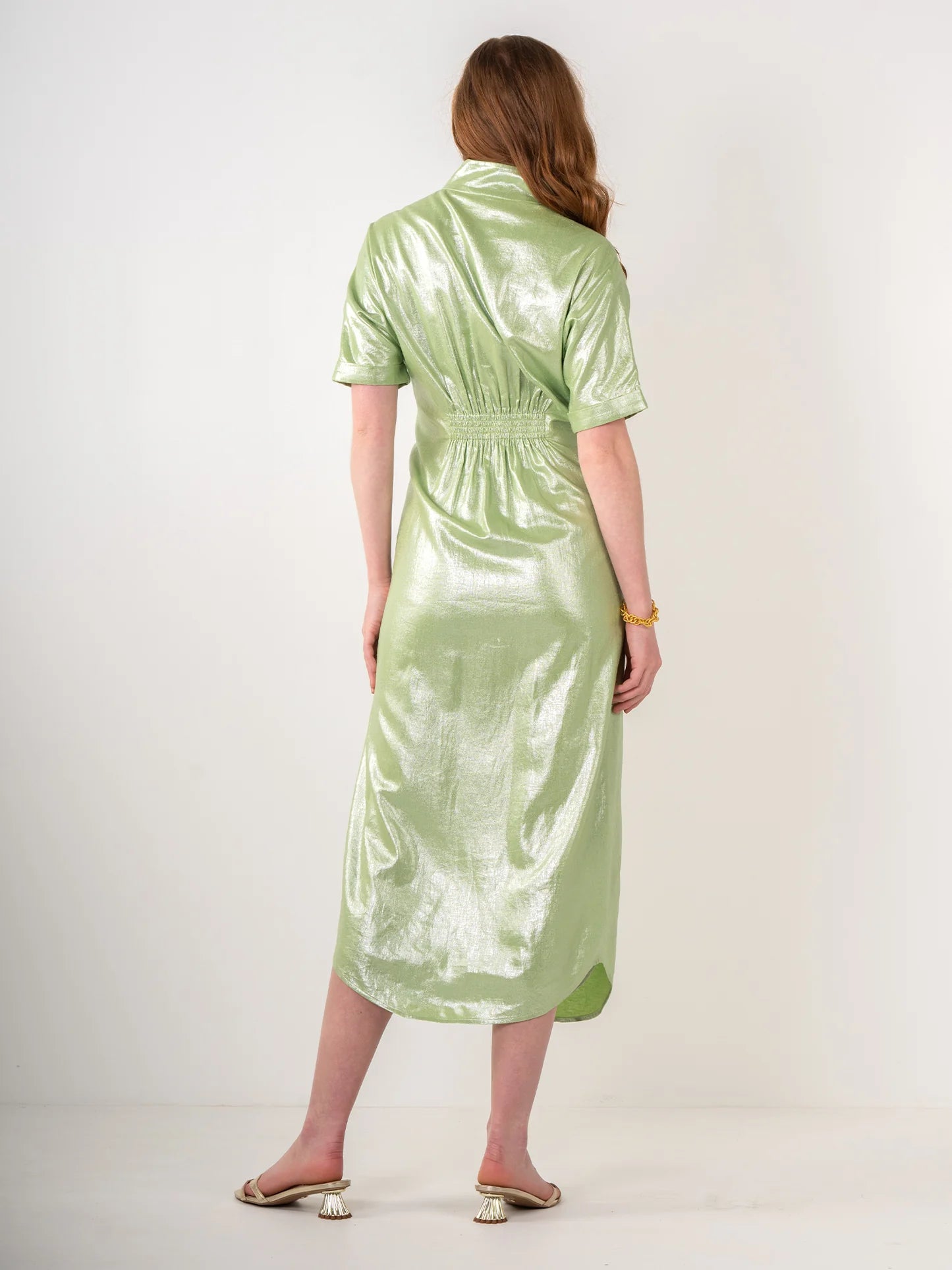 FINAL SALE Georgia Dress in Opal Green Metallic Linen