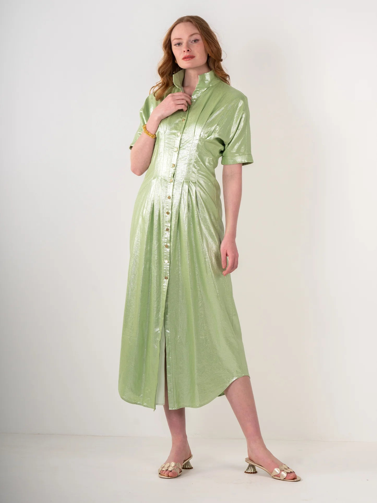 FINAL SALE Georgia Dress in Opal Green Metallic Linen