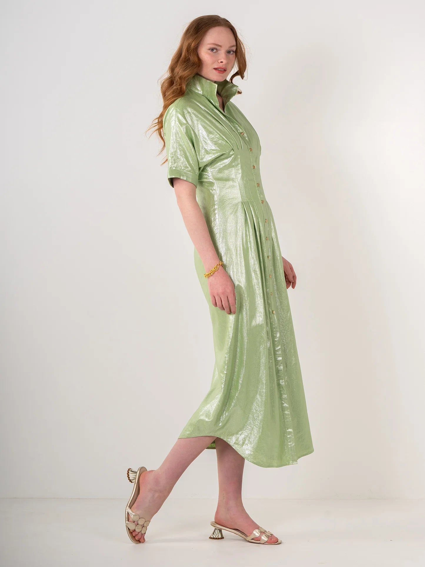 FINAL SALE Georgia Dress in Opal Green Metallic Linen