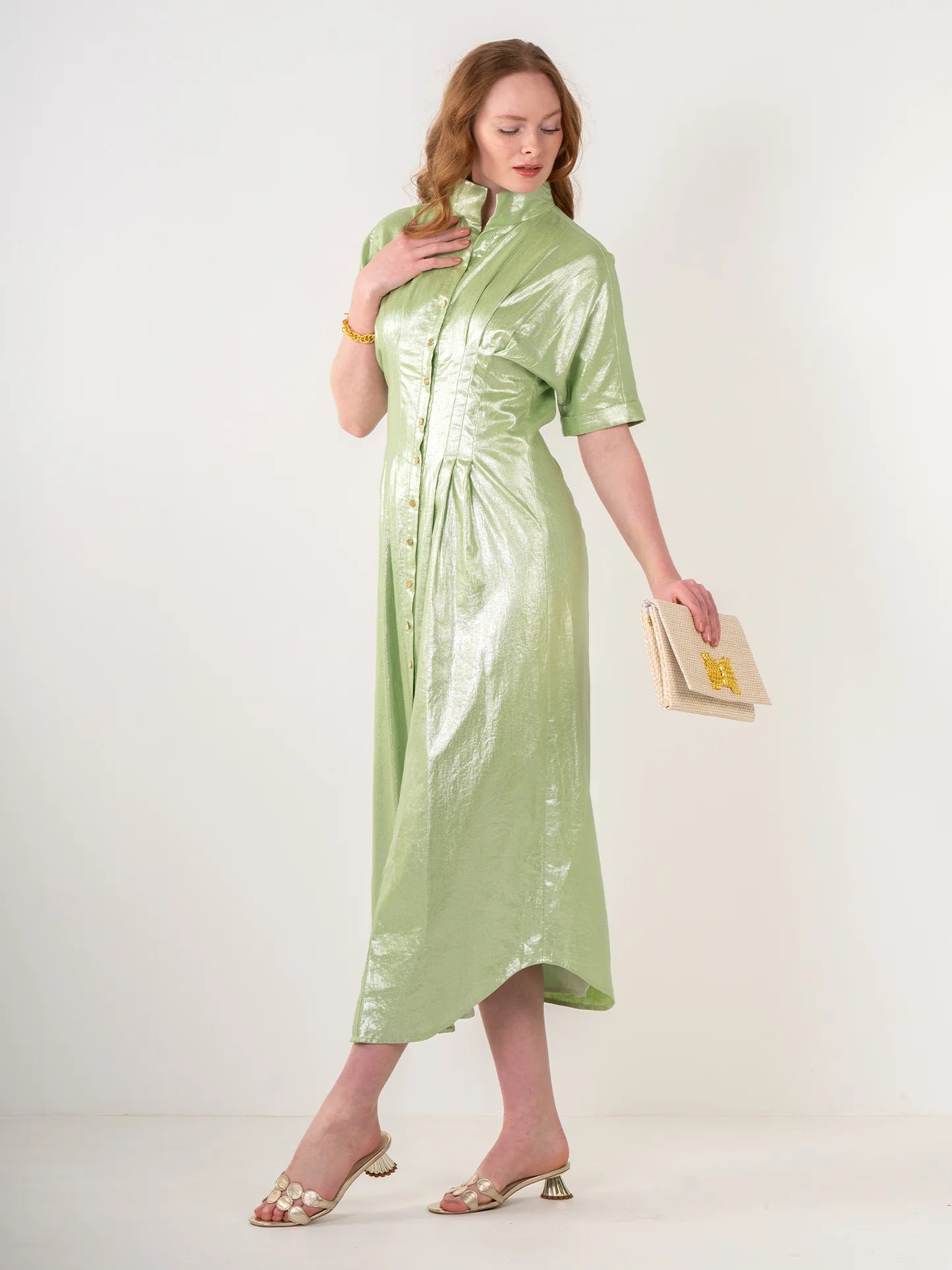 FINAL SALE Georgia Dress in Opal Green Metallic Linen