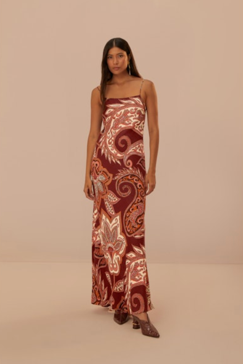 FINAL SALE Leopard Paisley Maxi Slip Dress in Burgundy