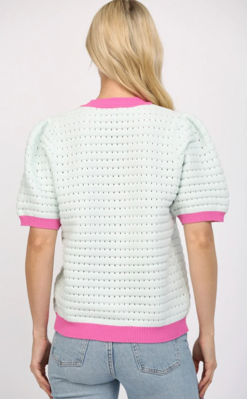 Blue Knit Top w/Magenta Trim