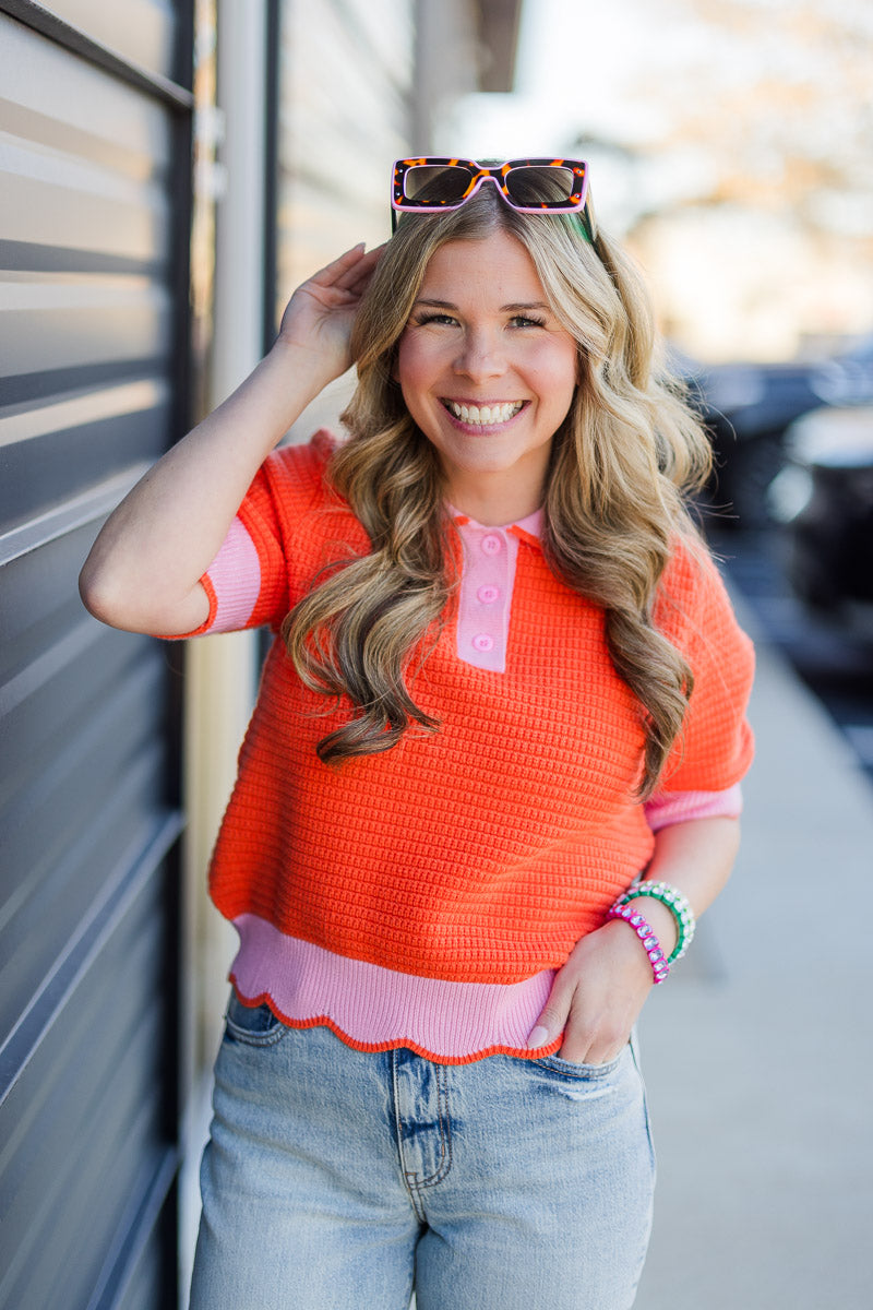 Orange Collared Short Sleeve Knit Top