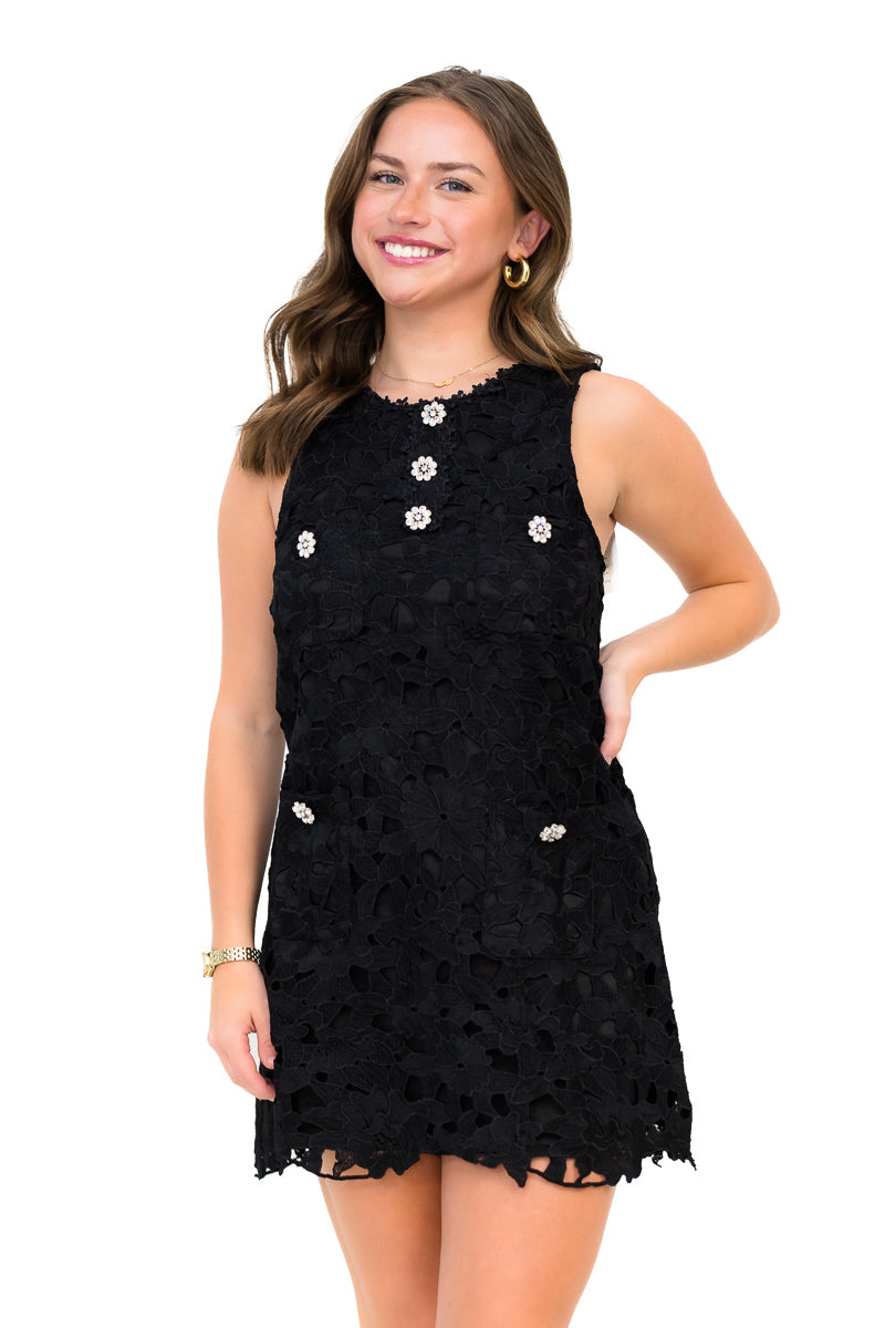 FINAL SALE Lottie Lace Sleeveless Embellished Dress in Black