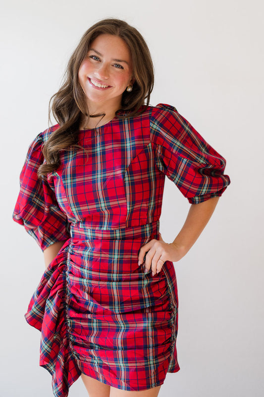 Final Sale-Plaid Puff Sleeve Cascading Dress