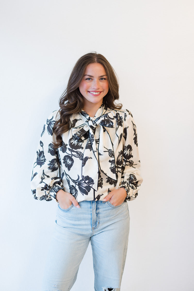 Britt Bow Blouse in Snow Tulip