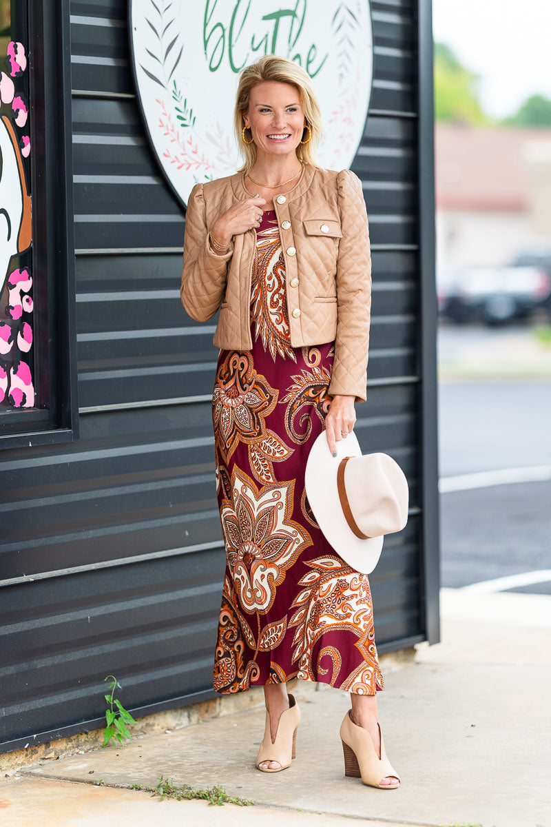 FINAL SALE Leopard Paisley Maxi Slip Dress in Burgundy