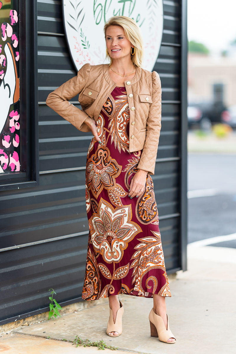 FINAL SALE Leopard Paisley Maxi Slip Dress in Burgundy