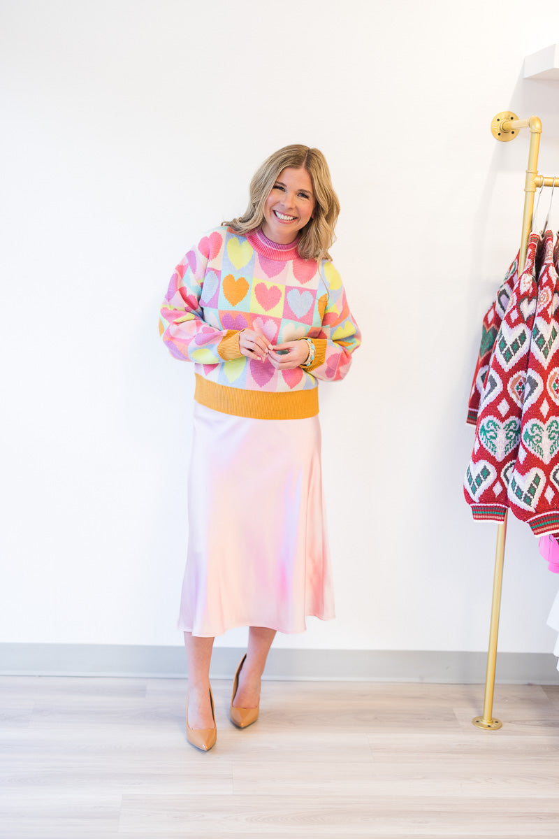 Pink Satin Midi Skirt