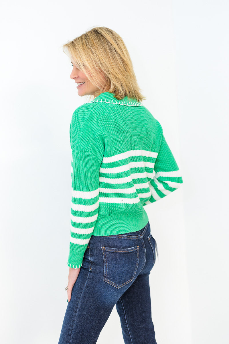 FINAL SALE Whipstitch Striped Polo in Clover/White