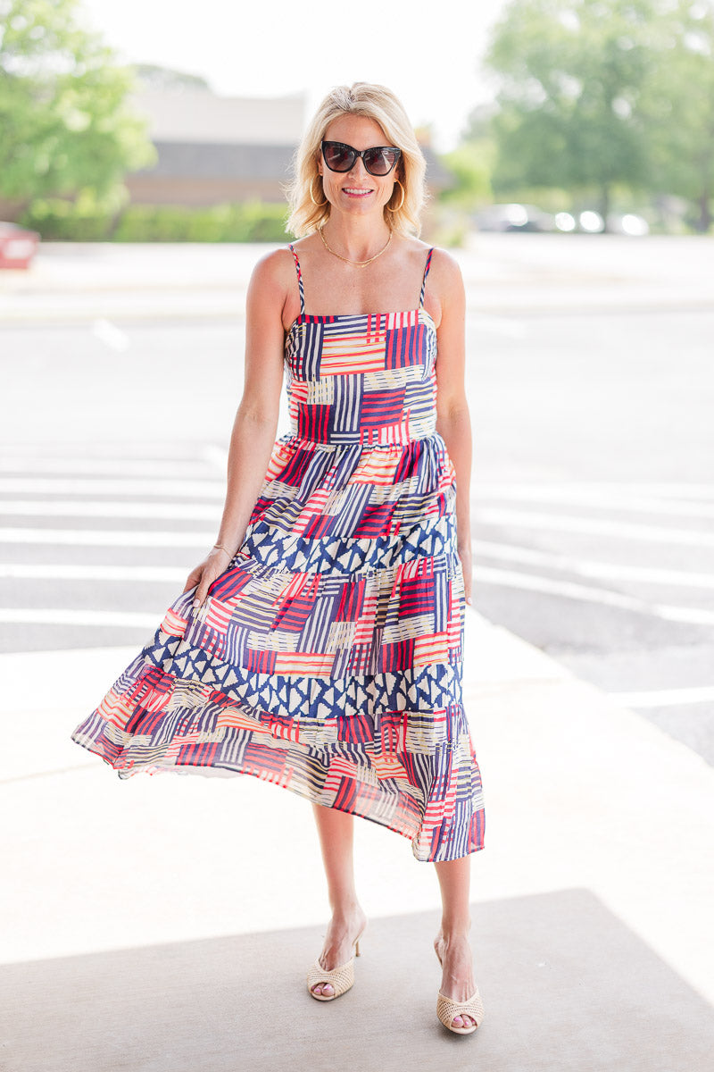 Strap Tiered Print Dress in Red/Navy