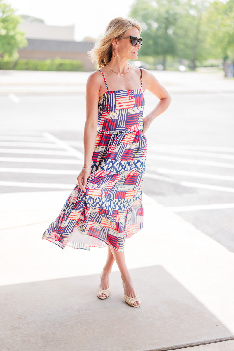 Strap Tiered Print Dress in Red/Navy