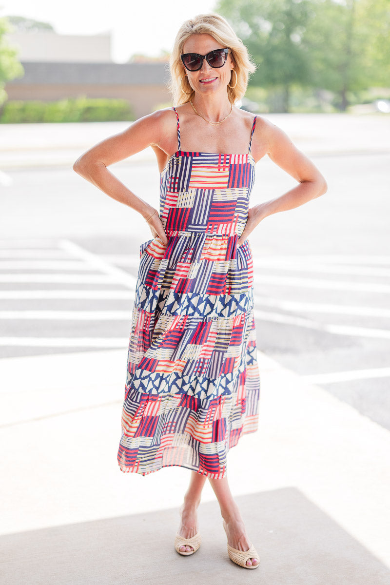 Strap Tiered Print Dress in Red/Navy