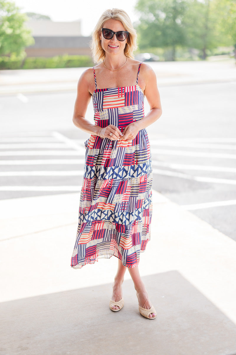 Strap Tiered Print Dress in Red/Navy