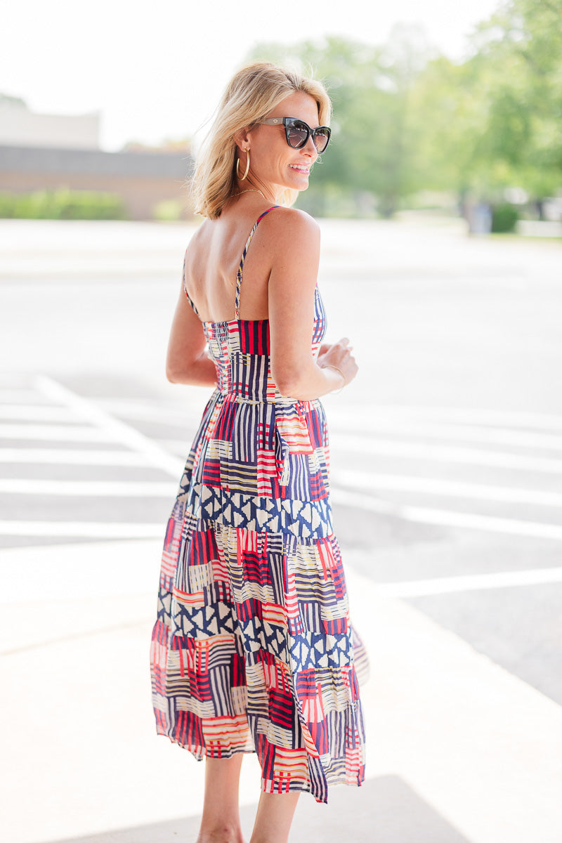 Strap Tiered Print Dress in Red/Navy