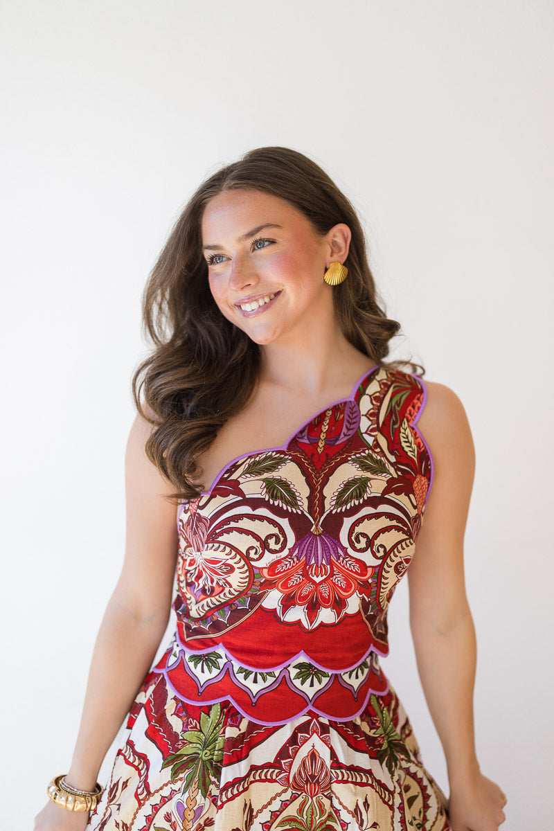 Odara Red Scalloped Midi Skirt