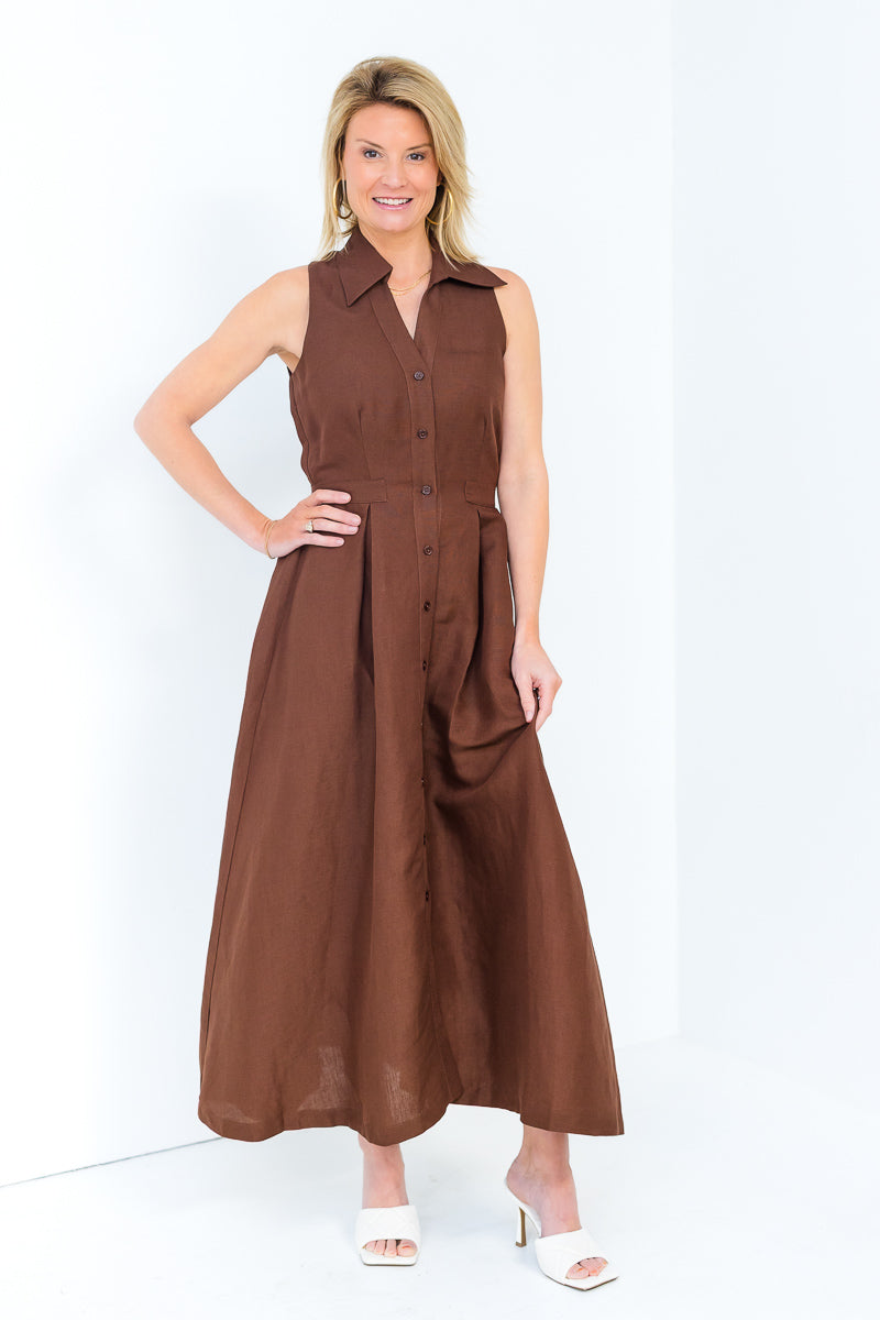 Stacia Collared Button Front Panel Midi Dress in Shaved Chocolate