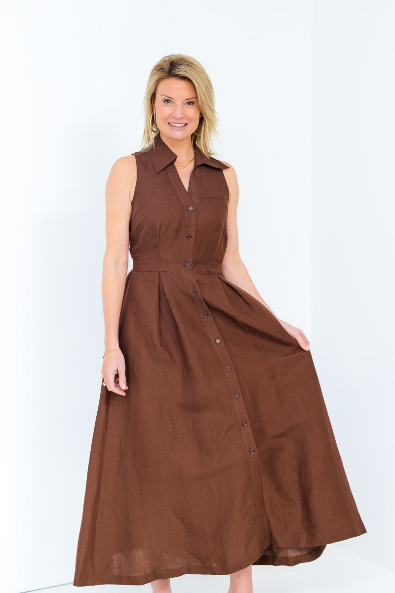 Stacia Collared Button Front Panel Midi Dress in Shaved Chocolate
