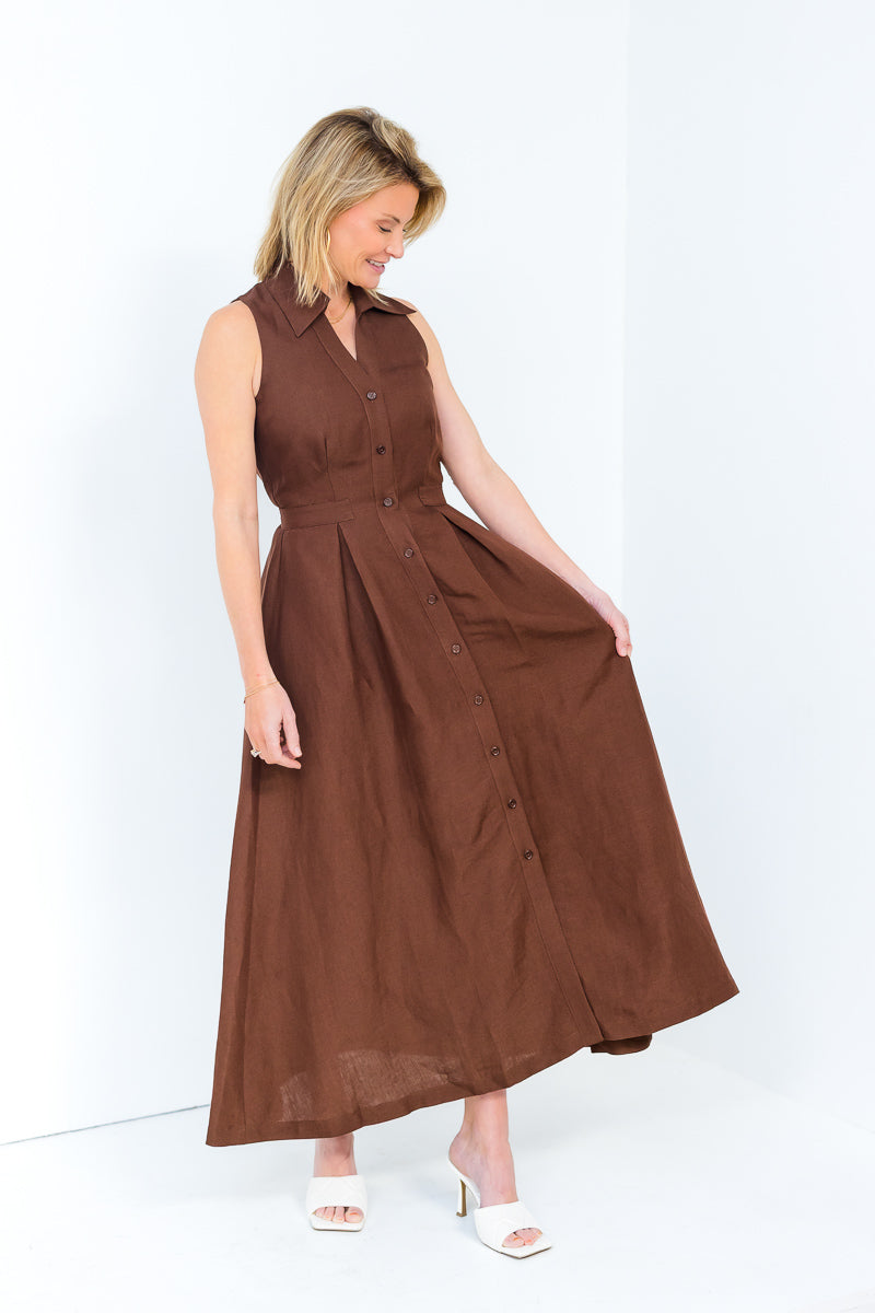 Stacia Collared Button Front Panel Midi Dress in Shaved Chocolate