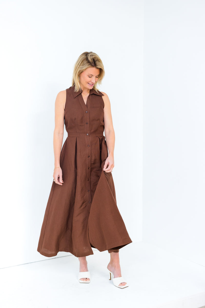 Stacia Collared Button Front Panel Midi Dress in Shaved Chocolate