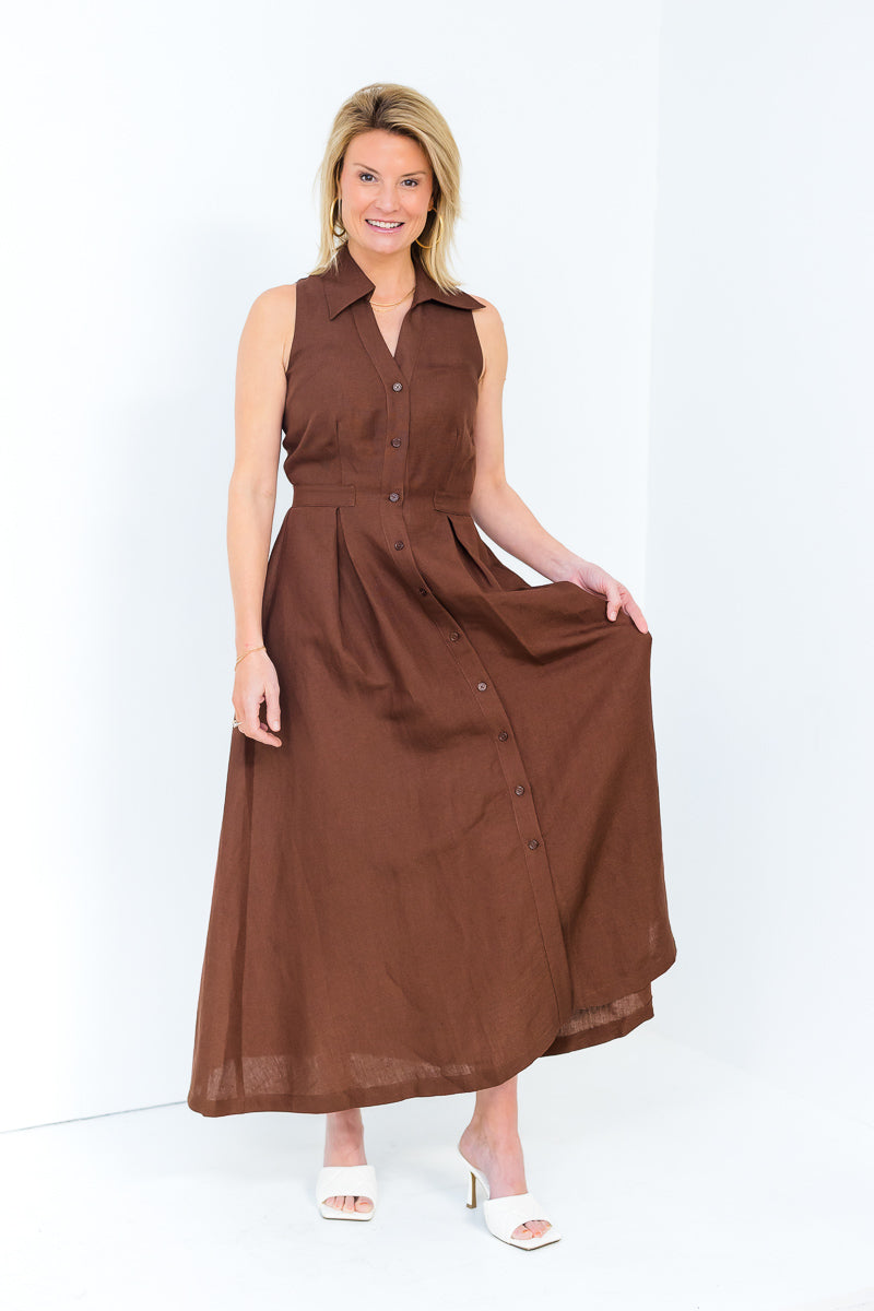 Stacia Collared Button Front Panel Midi Dress in Shaved Chocolate