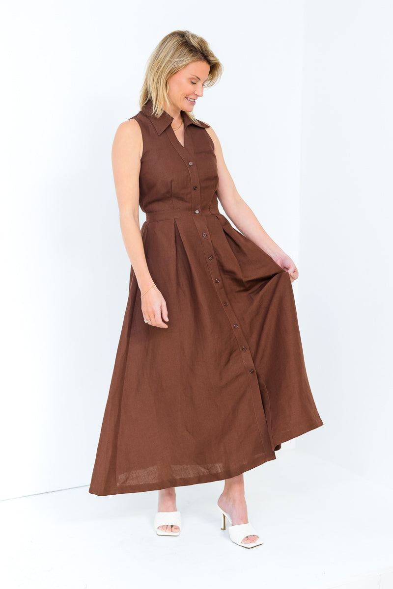 Stacia Collared Button Front Panel Midi Dress in Shaved Chocolate