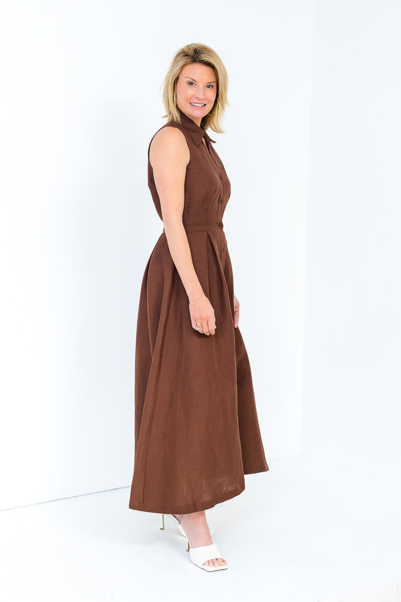 Stacia Collared Button Front Panel Midi Dress in Shaved Chocolate