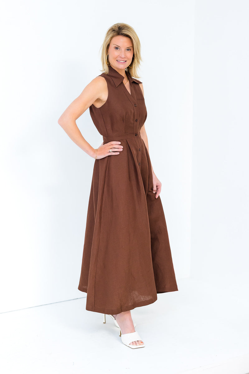 Stacia Collared Button Front Panel Midi Dress in Shaved Chocolate