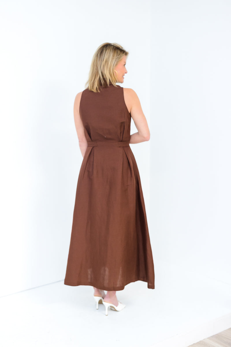 Stacia Collared Button Front Panel Midi Dress in Shaved Chocolate