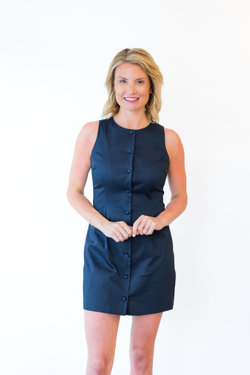Cotton Sateen Round Neck Mini Dress in Marine